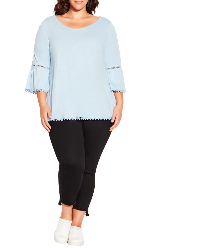 Front of a model wearing a size 14 Mia Split Sleeve Crochet Top in Light Blue by Evans. | dia_product_style_image_id:214976